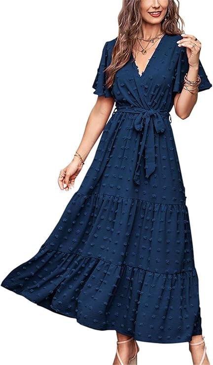 BOHO1 MASCOMODA Womens Boho Swiss Dot Maxi Dresses- NAVY