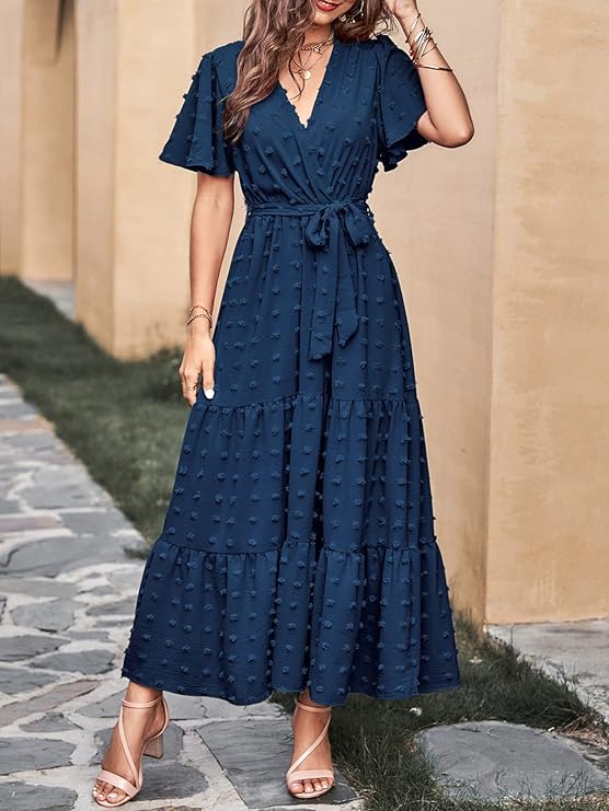 MASCOMODA Womens Boho Swiss Dot Maxi Dresses- NAVY - Image 3