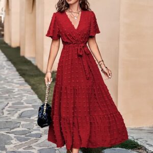 R1 MASCOMODA Womens Boho Swiss Dot Maxi Dresses - RED
