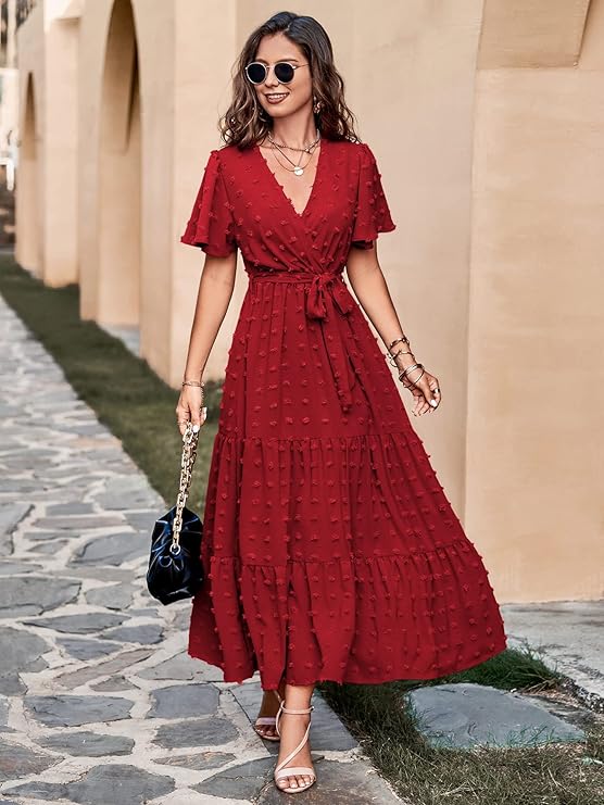 R1 MASCOMODA Womens Boho Swiss Dot Maxi Dresses - RED