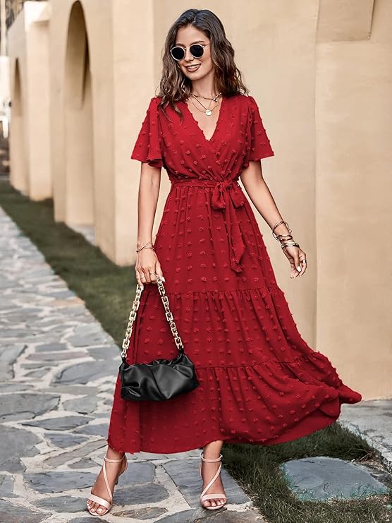 MASCOMODA Womens Boho Swiss Dot Maxi Dresses - RED - Image 4